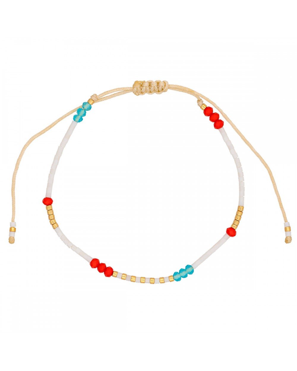 Βραχιόλι λεπτό μακραμέ Boho της Excite Fashion Jewellery, με λευκές, κόκκινες, τιρκουάζ και χρυσές χάντρες. B-110493-4 Κοσμήματα